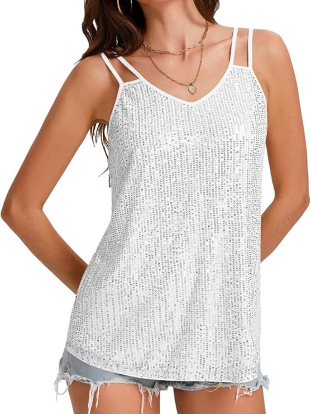 NWOT! Sleeveless Sequin Tank Top with Dual Spaghetti Straps and Scoop/V-Neckline